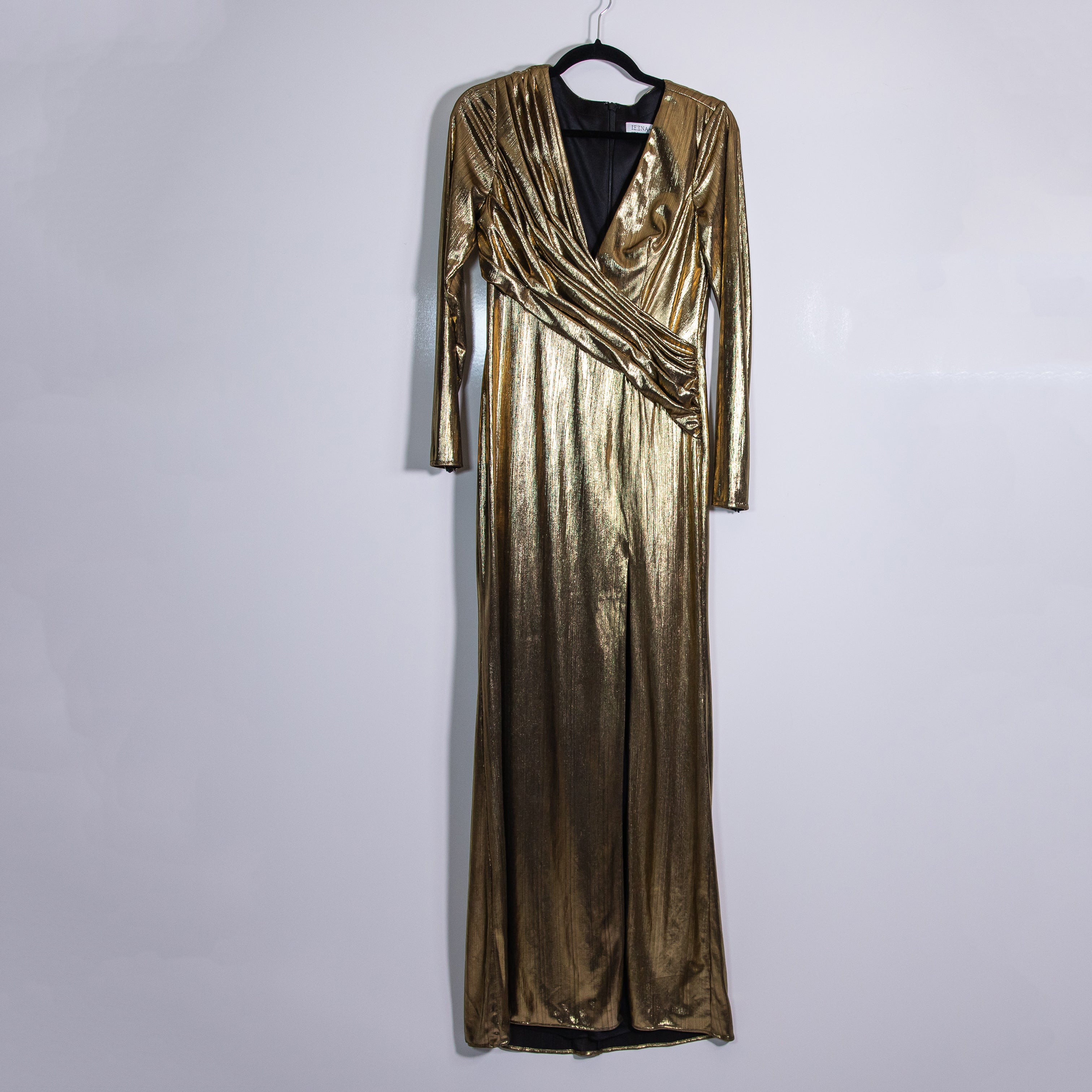 NEW Ieena For Mac Duggal 26684 Gold Metallic Lame V Neck Draped Maxi Dress 6