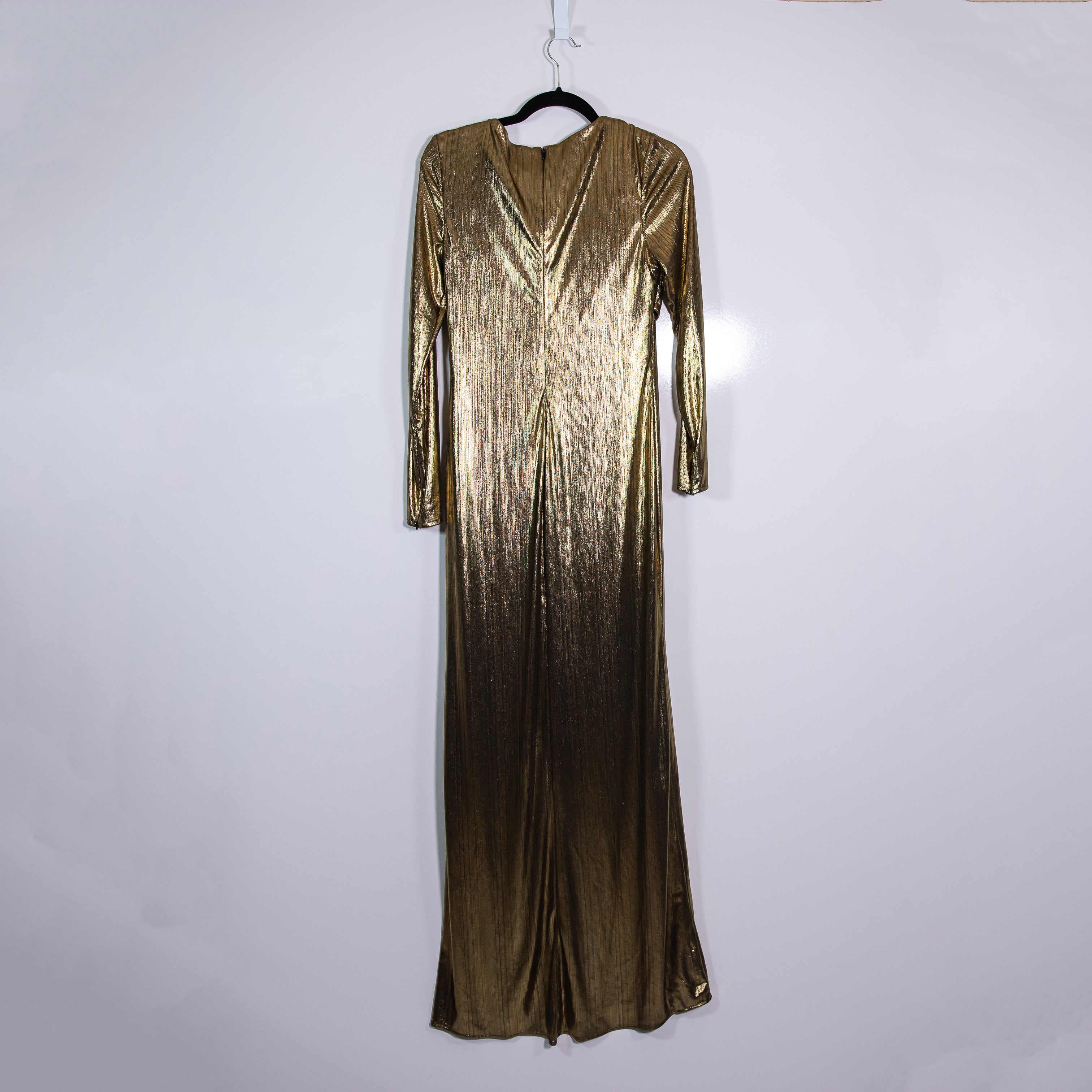 NEW Ieena For Mac Duggal 26684 Gold Metallic Lame V Neck Draped Maxi Dress 6