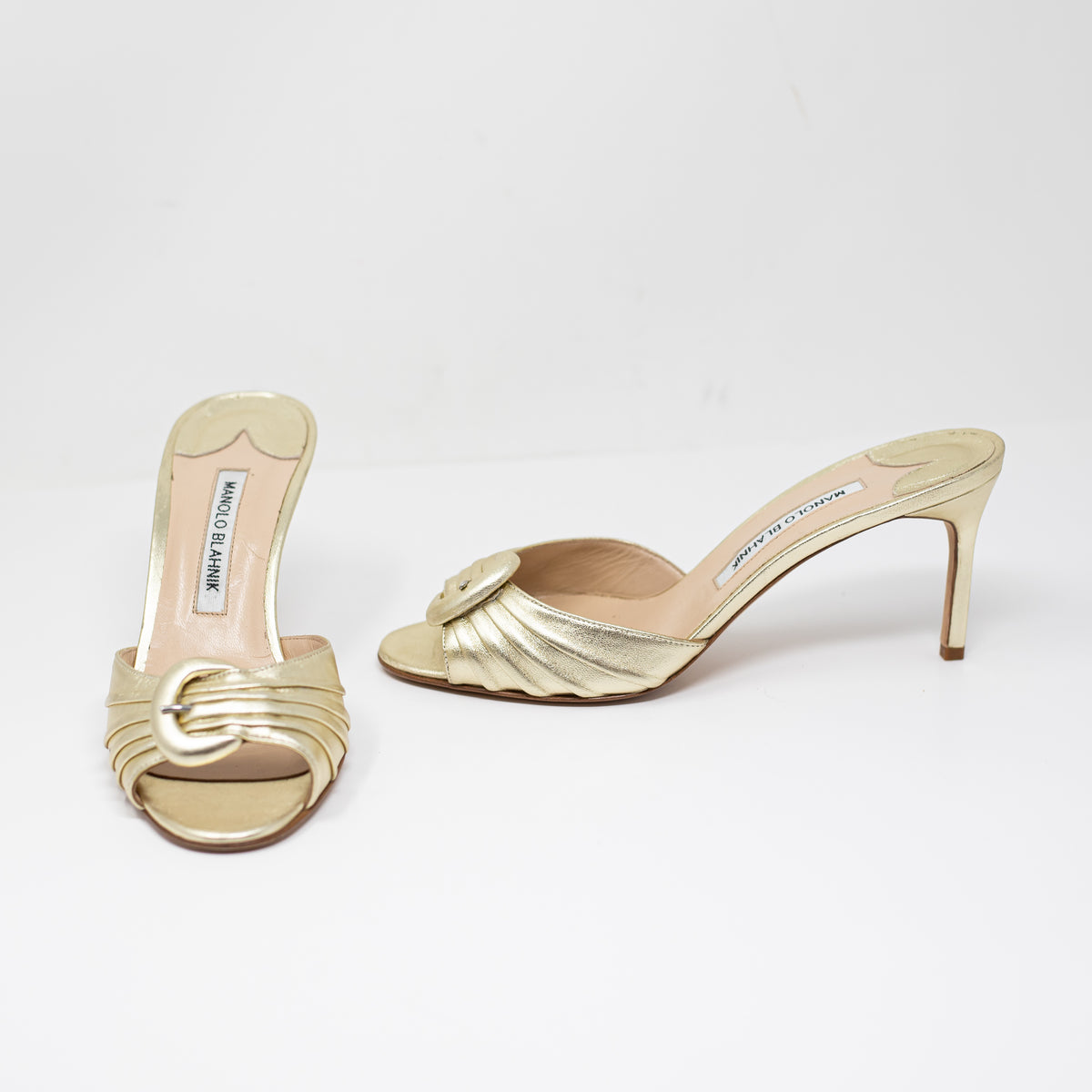 Manolo Blahnik Made In Italy Leather Open Toe Buckle High Heel Sandals Shoe Gold