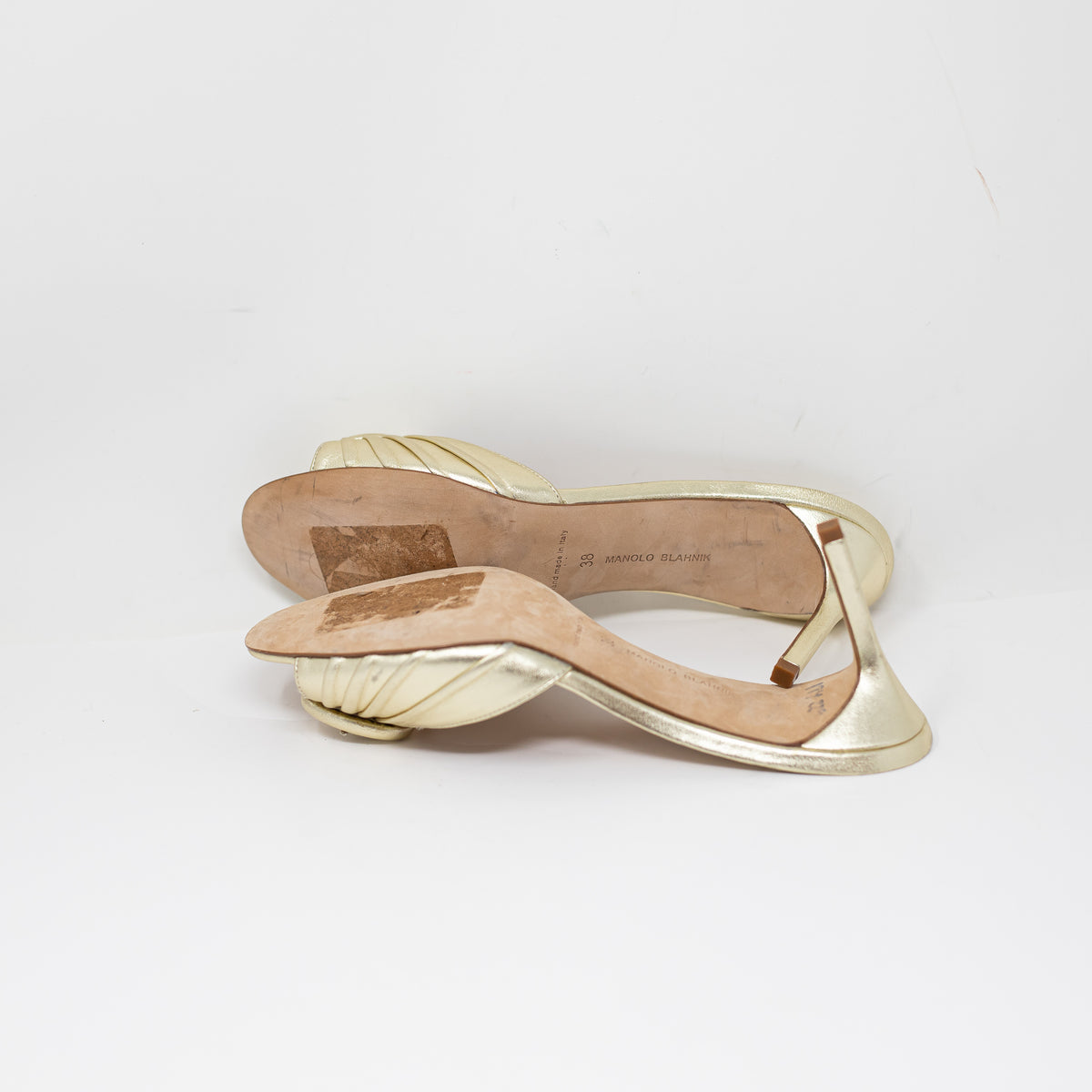 Manolo Blahnik Made In Italy Leather Open Toe Buckle High Heel Sandals Shoe Gold