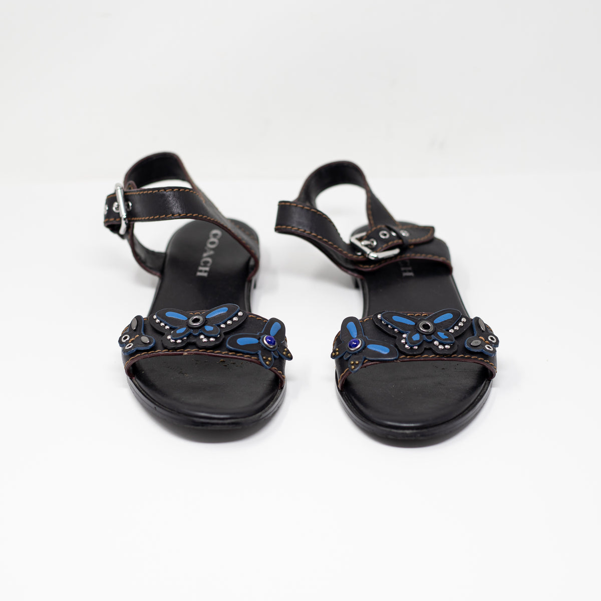 Coach Abby Genuine Leather Butterfly Cut Out Applique Flat Sandals Shoes Brown 7