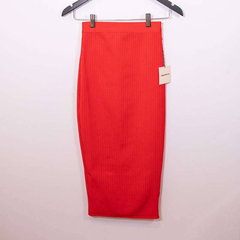 NEW Superdown Akeela Ribbed Knit Stretch High Waisted Midi Skirt Red XS