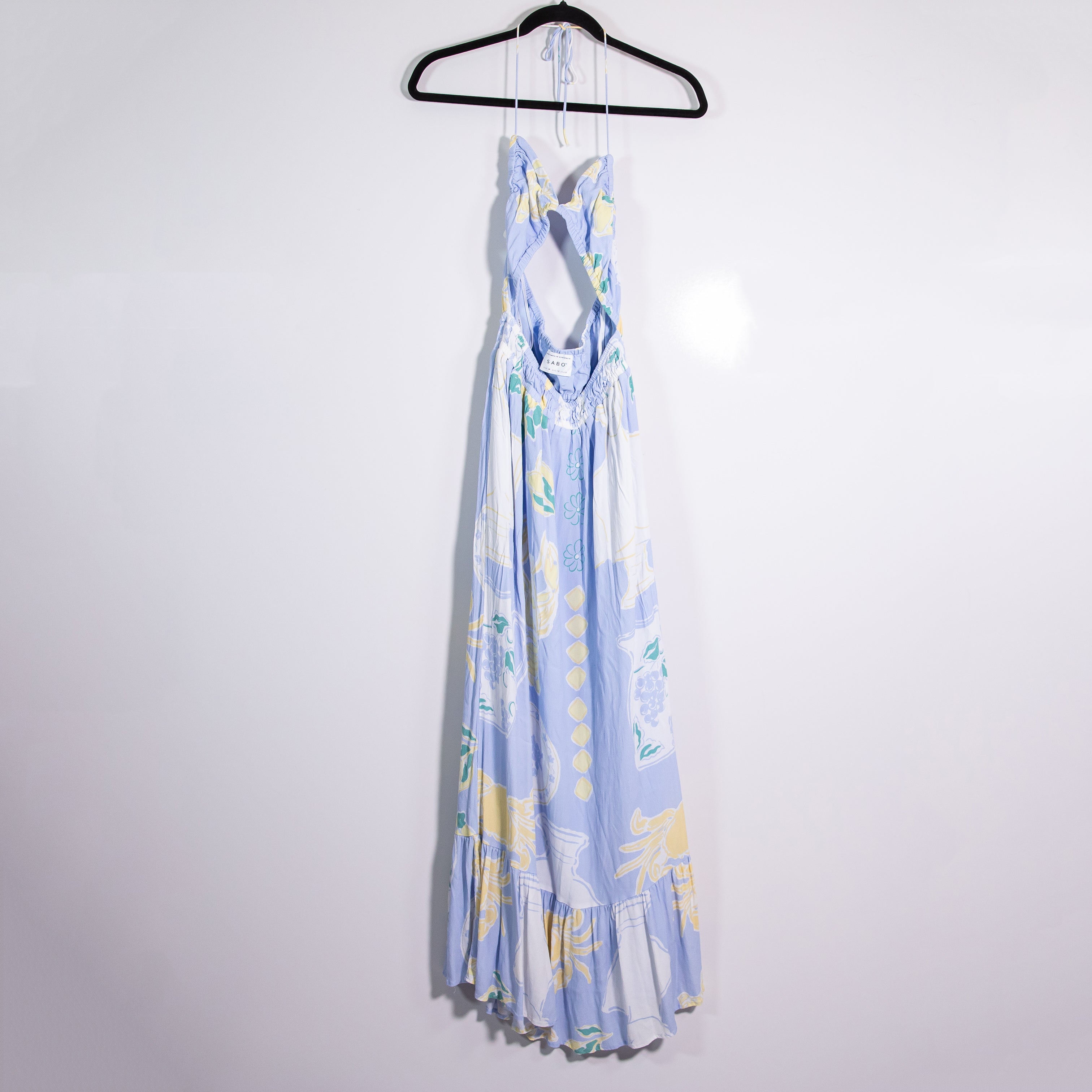 Sabo Ellsley Crepe Cut Out Italy Lemon Print Pattern Ruffle Long Maxi Dress 6