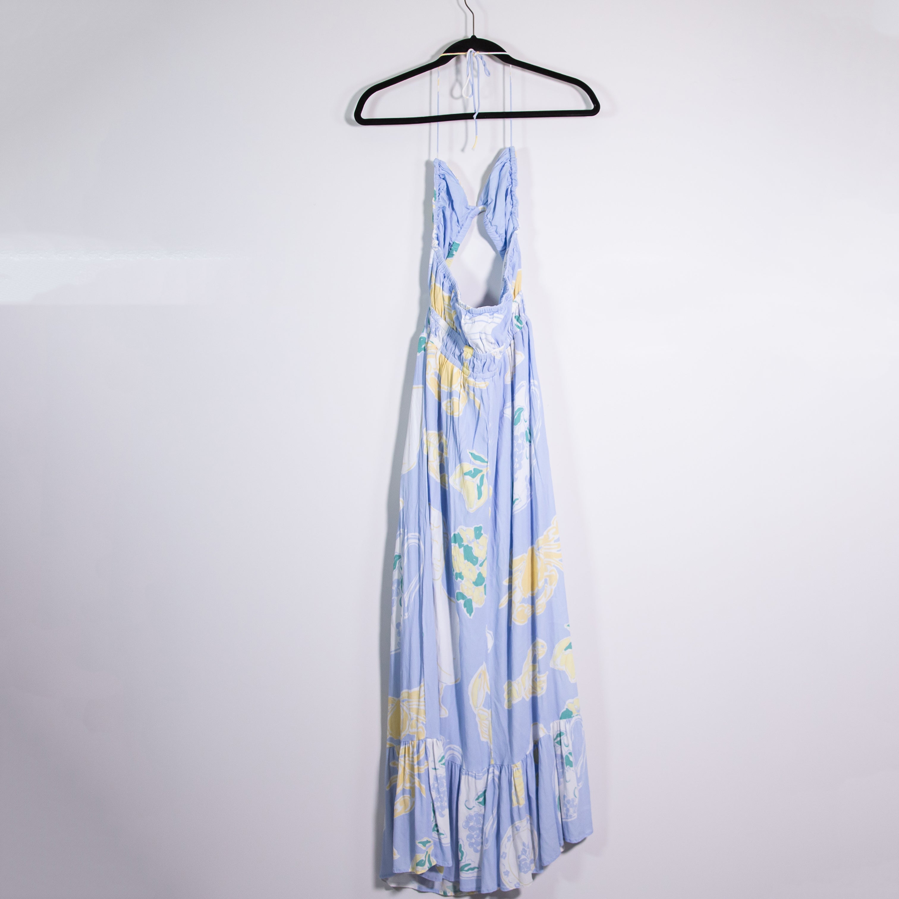 Sabo Ellsley Crepe Cut Out Italy Lemon Print Pattern Ruffle Long Maxi Dress 6