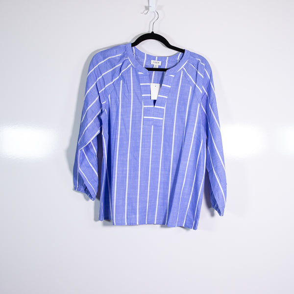 NEW J. Crew Striped Blue White Print Split Neck Cotton Blend Popover Blouse XS