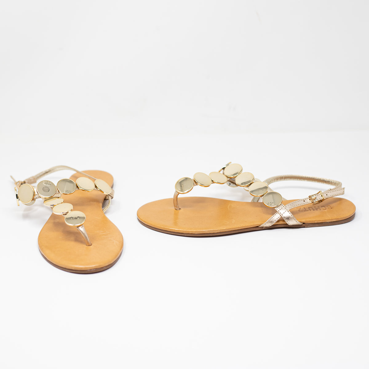 NEW Schutz Acacia T Strap Metal Detail Flat Sandals Shoes Gold 7.5