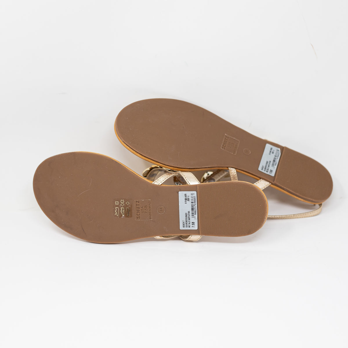 NEW Schutz Acacia T Strap Metal Detail Flat Sandals Shoes Gold 7.5