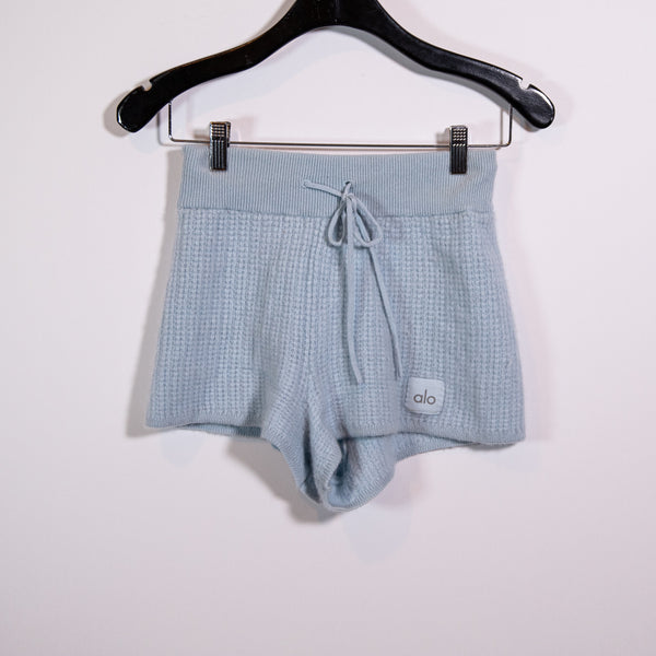 Alo Yoga Women's 100% Cashmere Waffle Knit Mini Pull On Shorts Crystal Blue XS