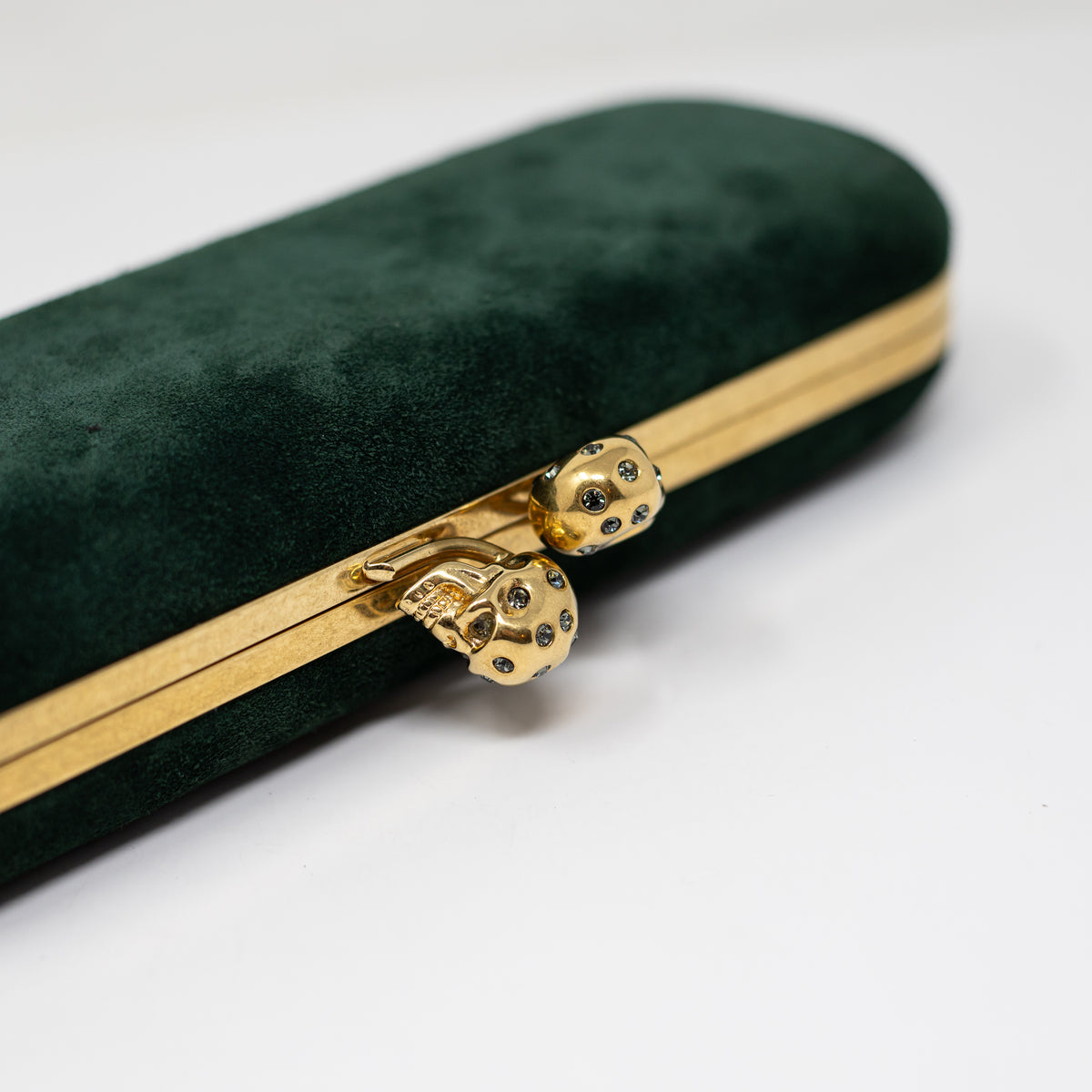 Alexander McQueen Genuine Suede Double Skull Clasp Box Clutch Purse Bag Emerald