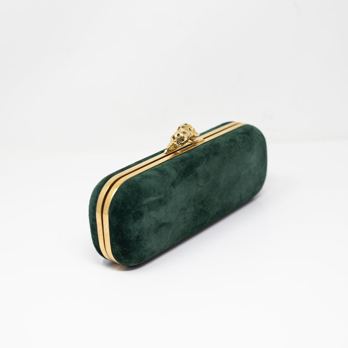 Alexander McQueen Genuine Suede Double Skull Clasp Box Clutch Purse Bag Emerald