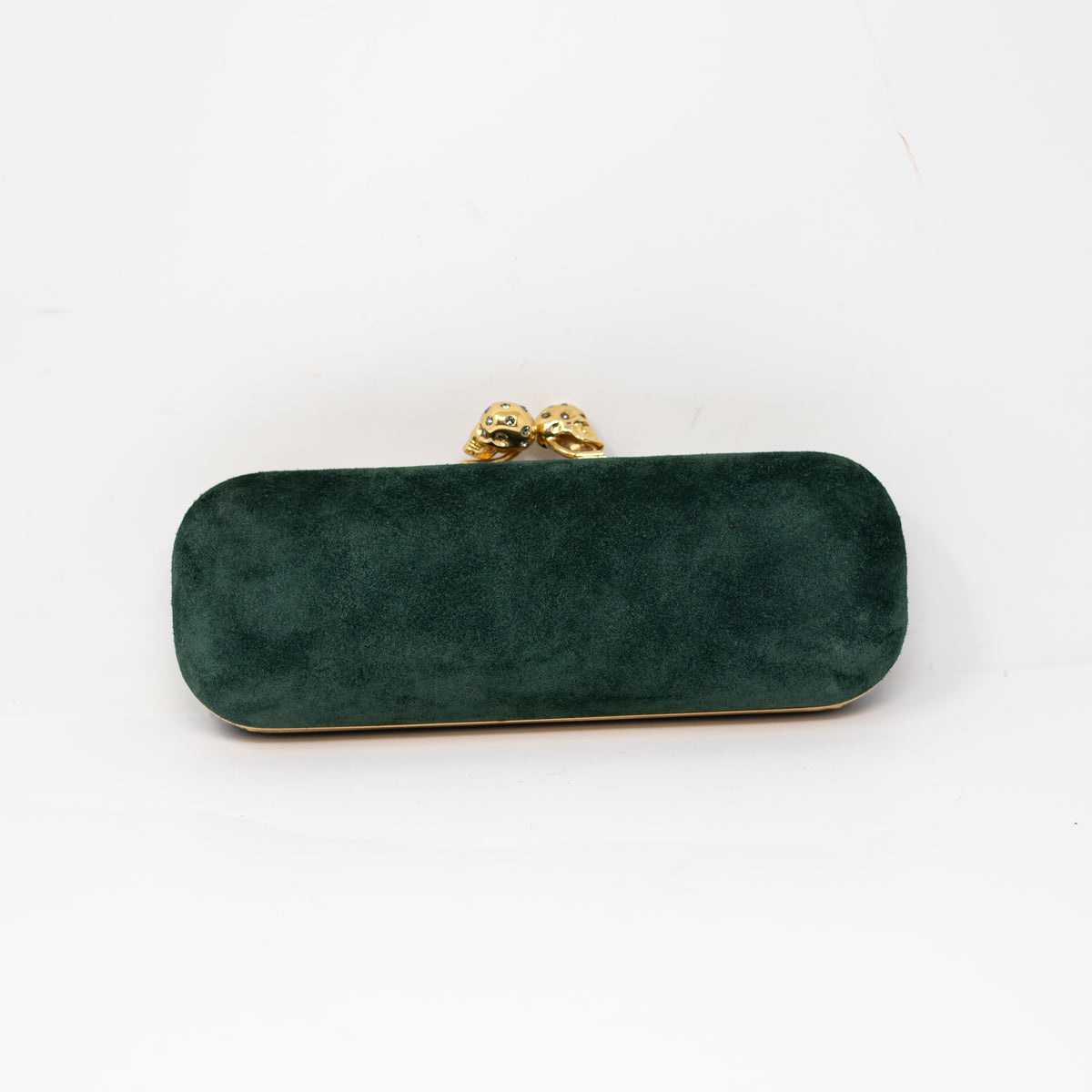 Alexander McQueen Genuine Suede Double Skull Clasp Box Clutch Purse Bag Emerald