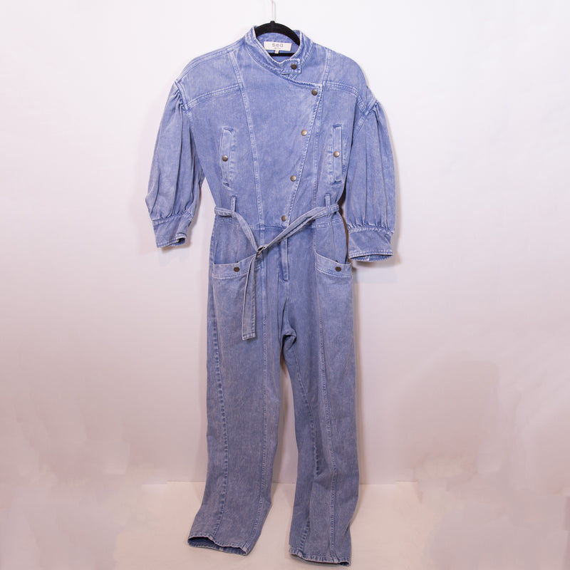 Sea New York Idun Cotton Denim Jean High Neck Belted Full Length Jumpsuit Jumper