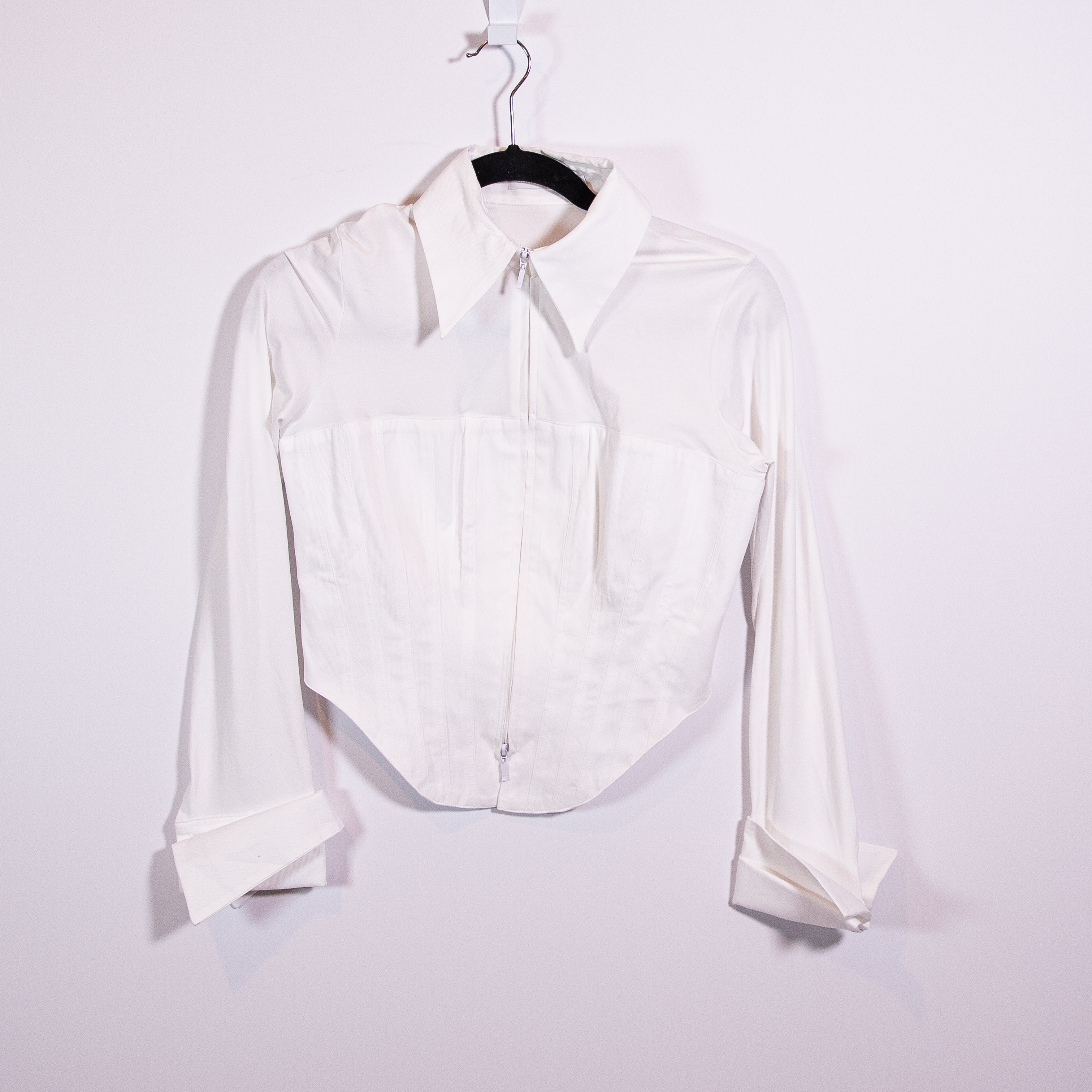 Anne Fontaine Eddie White Long Sleeve Zip Up Jersey Knit Shirt With Pique Corset