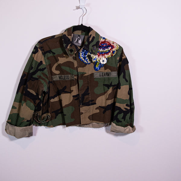 Josie Bruno Vintage Camo Utility Army Print Floral Sequin Embellished Jacket S