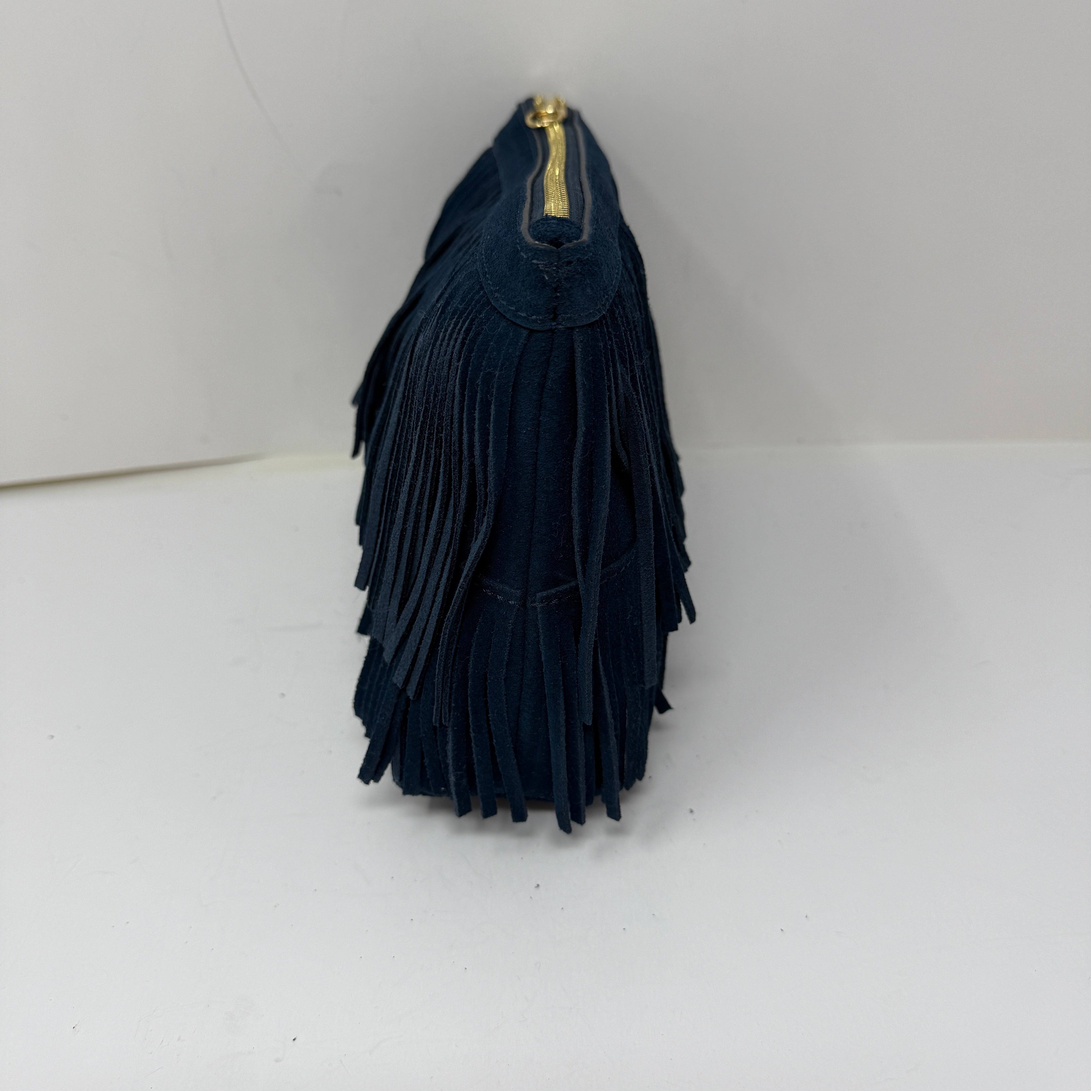 India Hicks Dougal Genuine Suede Leather Fringe Clutch Purse Bag Navy Blue Gold
