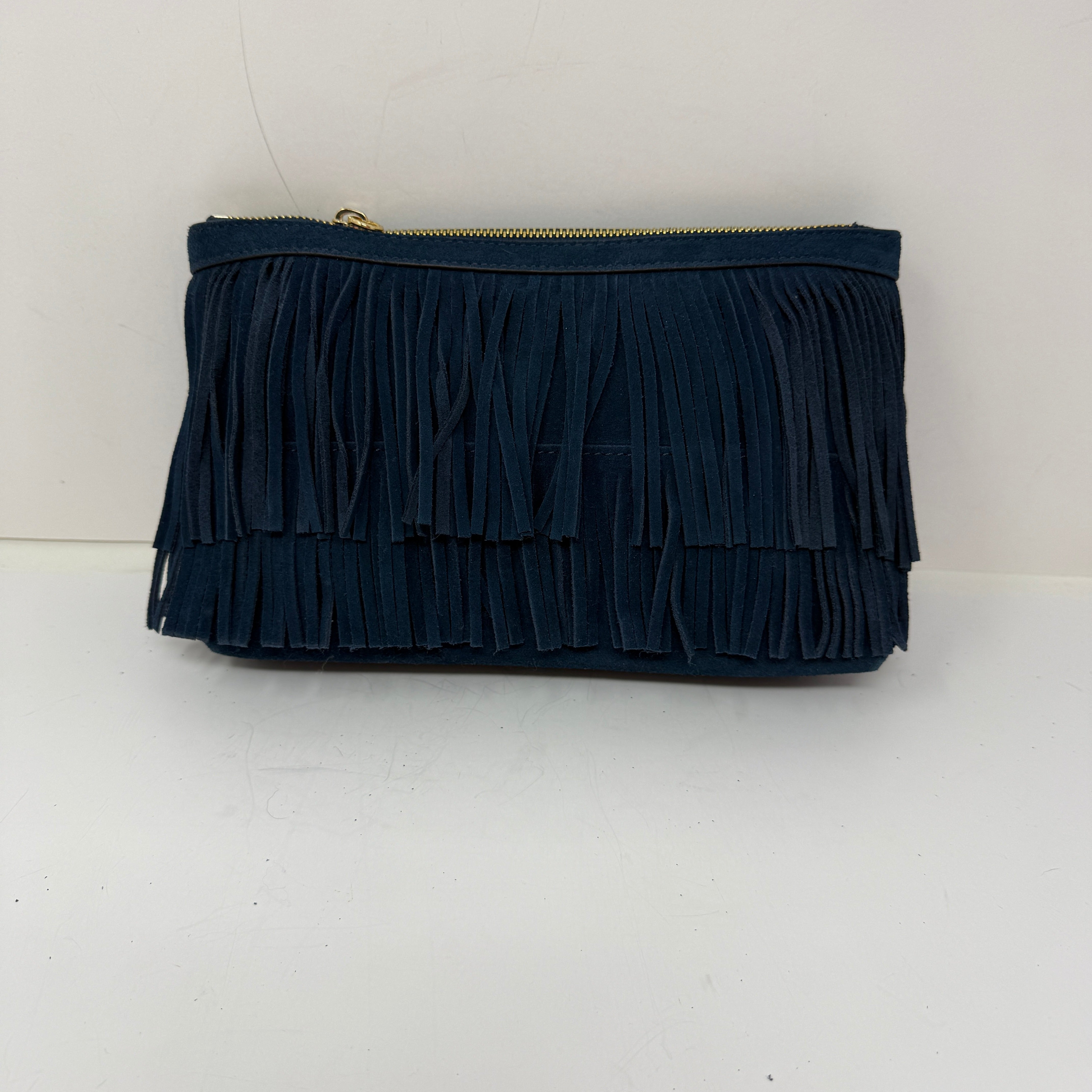 India Hicks Dougal Genuine Suede Leather Fringe Clutch Purse Bag Navy Blue Gold