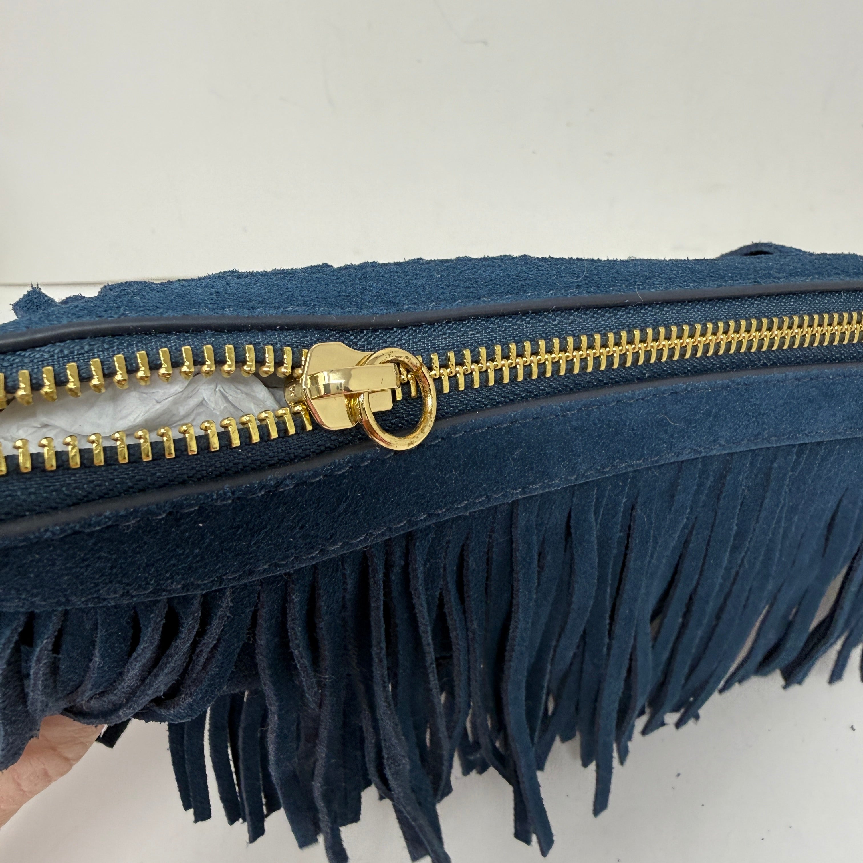 India Hicks Dougal Genuine Suede Leather Fringe Clutch Purse Bag Navy Blue Gold