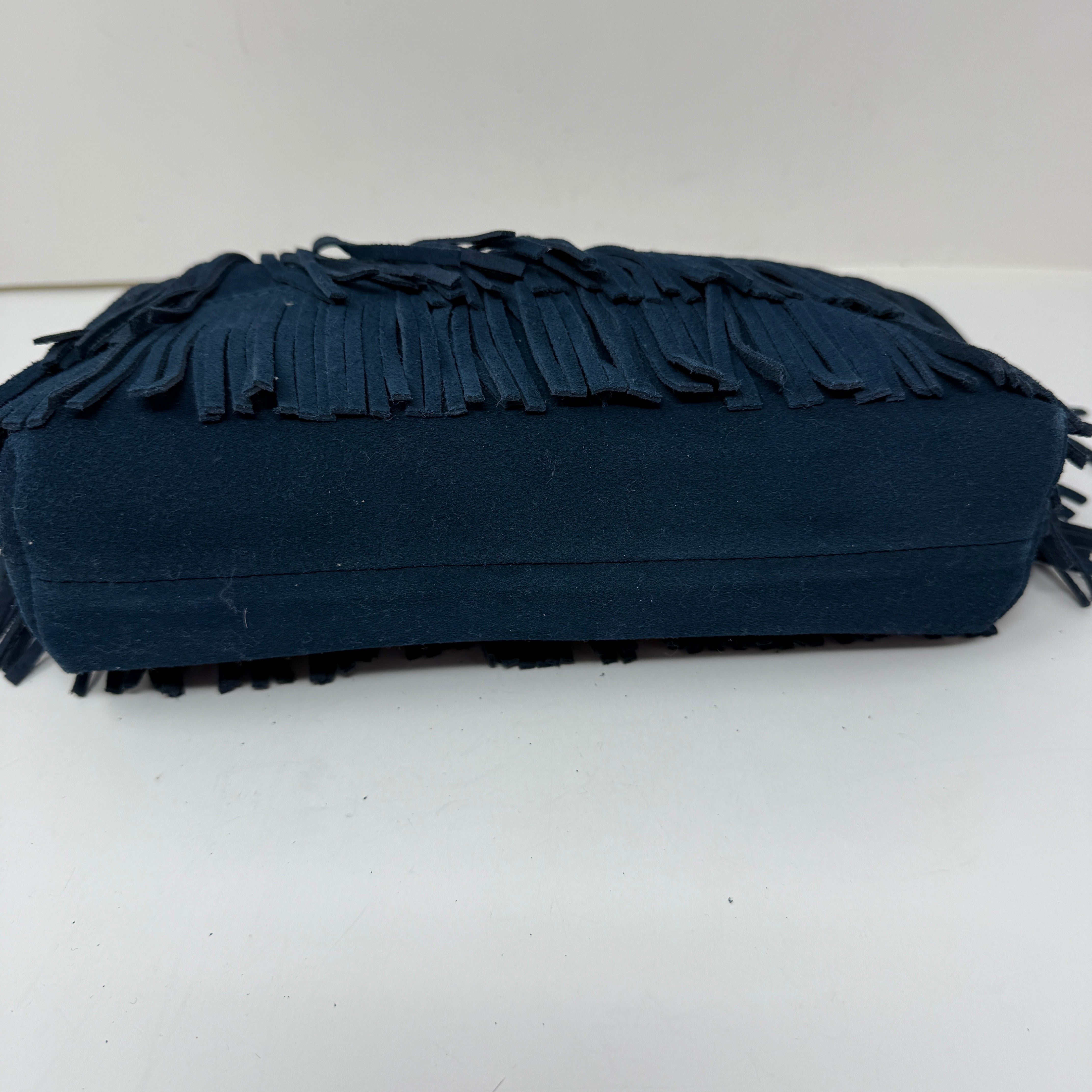 India Hicks Dougal Genuine Suede Leather Fringe Clutch Purse Bag Navy Blue Gold