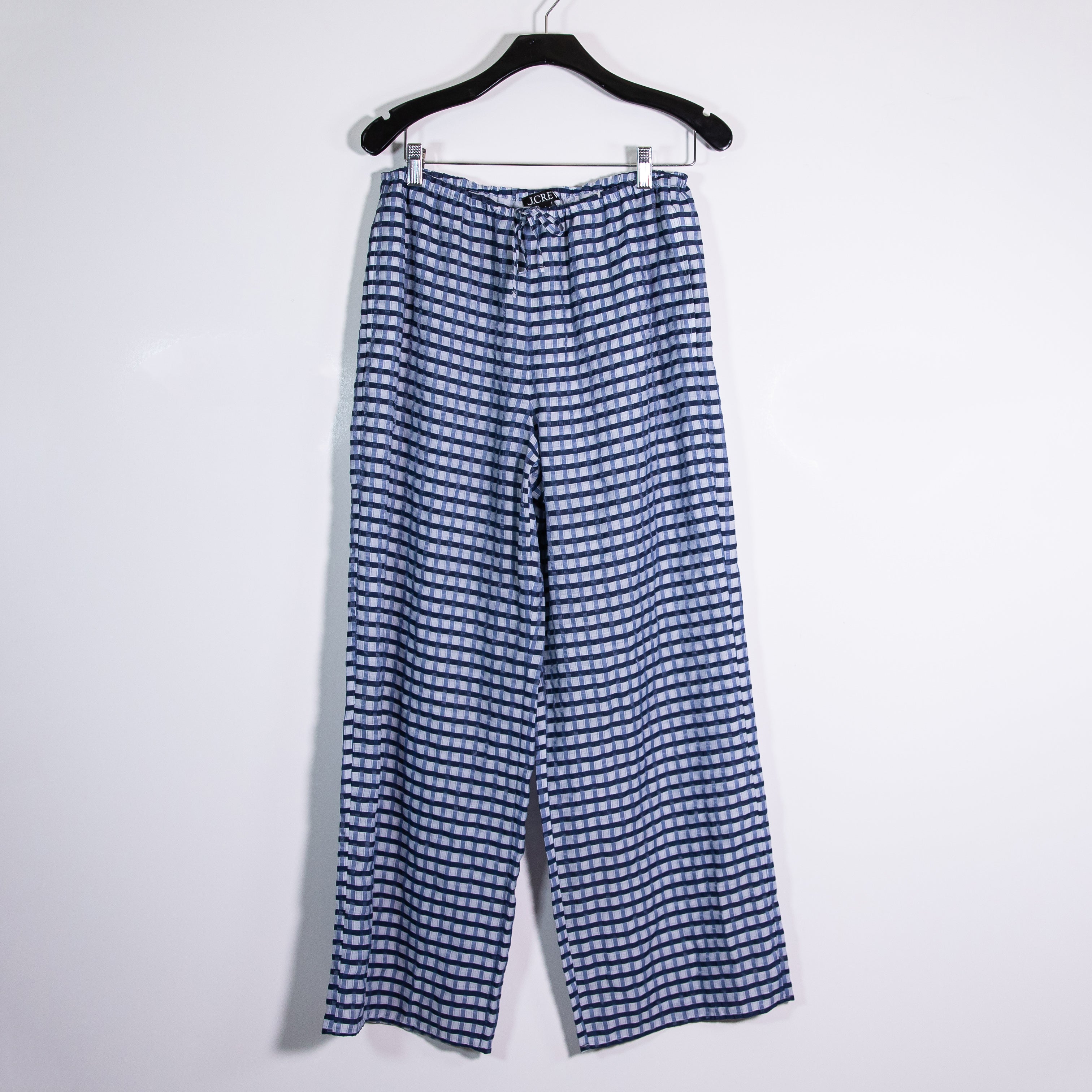 J. Crew Crinkle Beach Pant Lightweight Straight Leg Mid Rise Blue Gingham Print