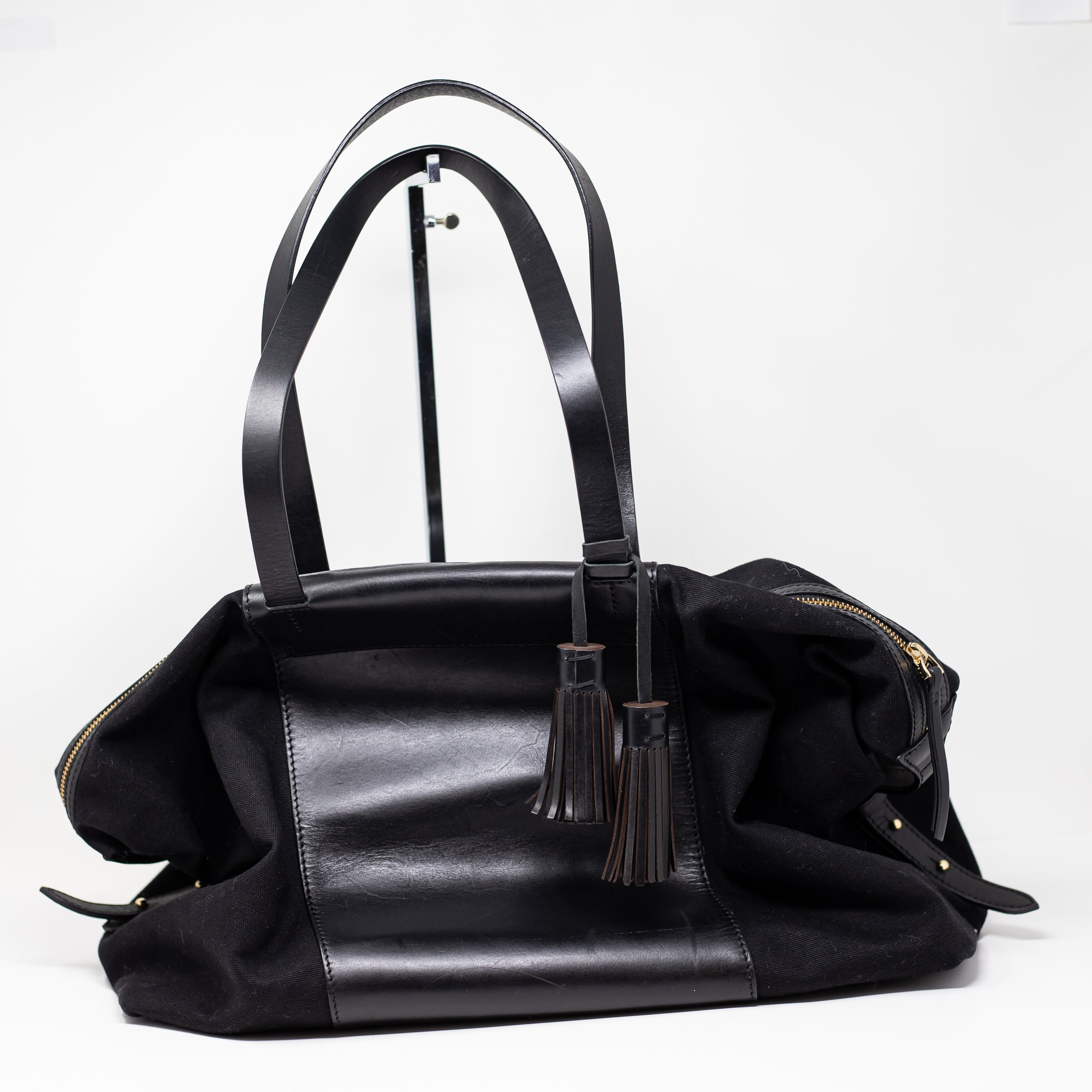 Cuyana Weekender Leather Canvas Weekender Overnight Travel Tote Bag Black