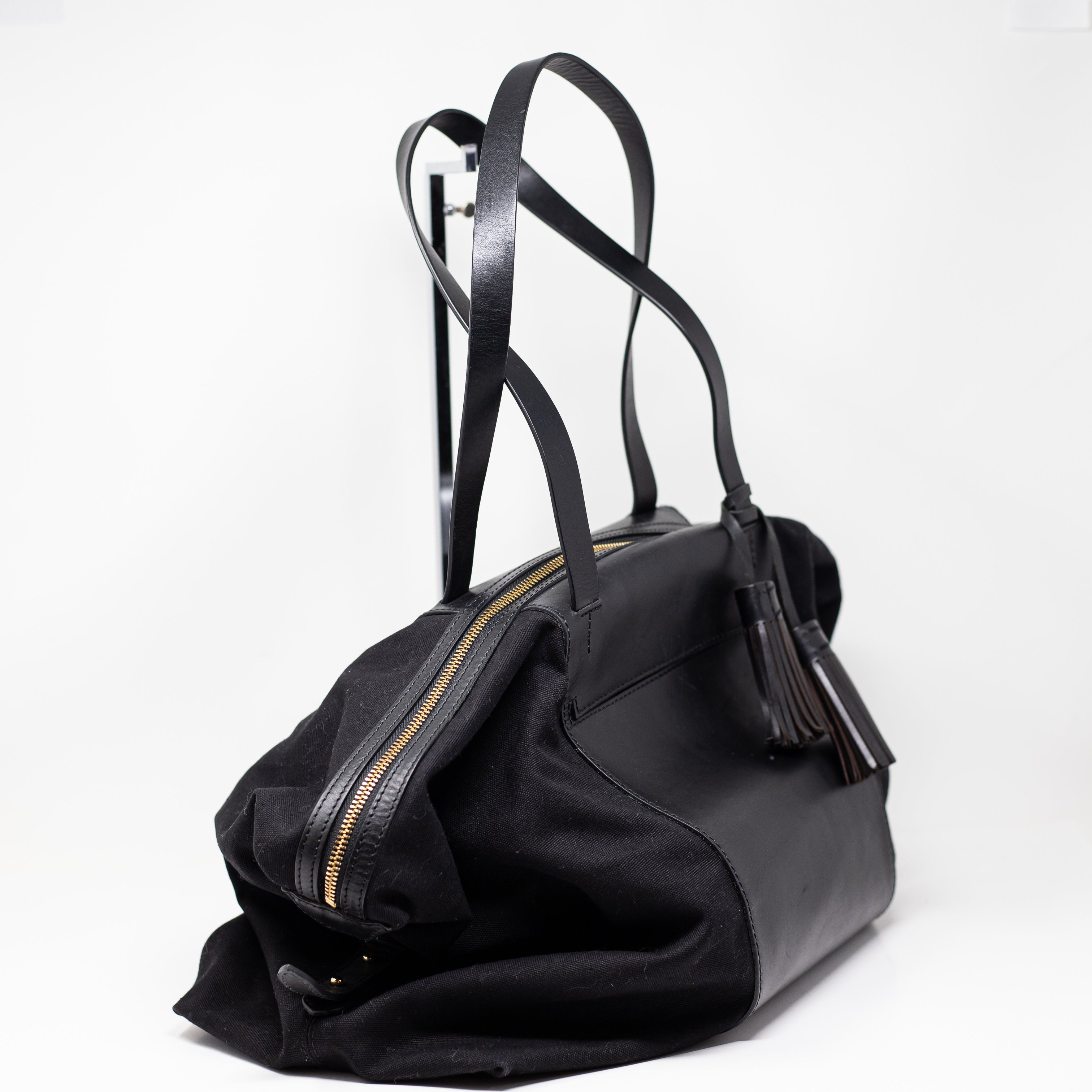 Cuyana Weekender Leather Canvas Weekender Overnight Travel Tote Bag Black