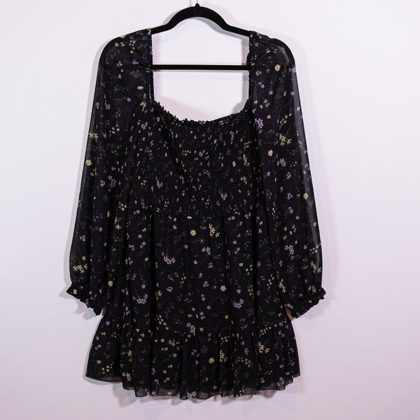 Wilfred Aritzia New Tempest Smocked Chiffon Mini Dress Black Cloudy Lilac Large