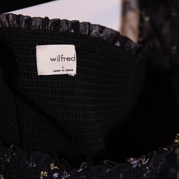 Wilfred Aritzia New Tempest Smocked Chiffon Mini Dress Black Cloudy Lilac Large