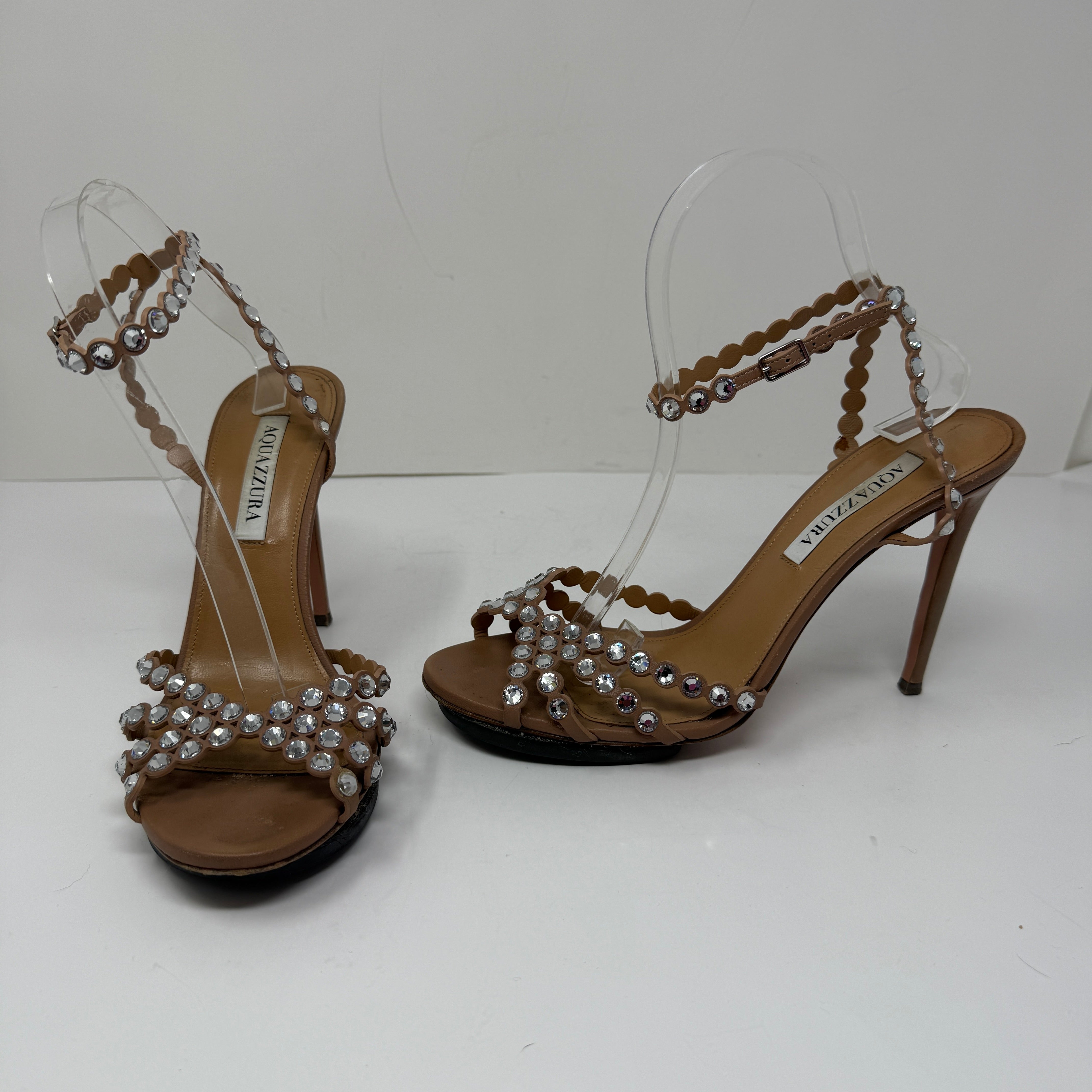 Aquazzura Tequila Crystal Jewel Rhinestone Embellished Leather Heels Sandals 9.5