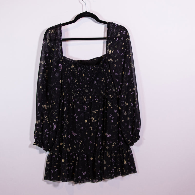 Wilfred Aritzia New Tempest Smocked Chiffon Mini Dress Black Cloudy Lilac Large