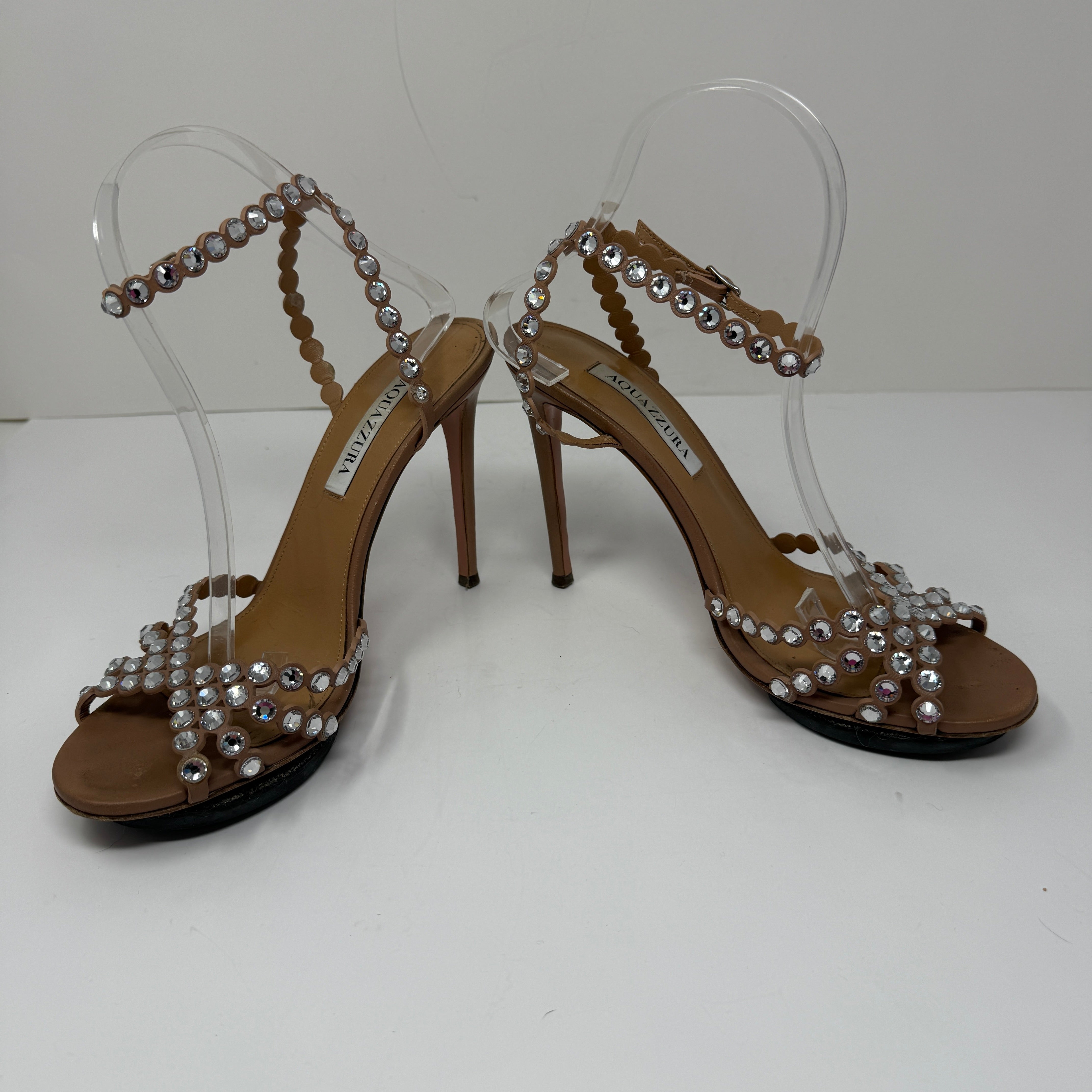 Aquazzura Tequila Crystal Jewel Rhinestone Embellished Leather Heels Sandals 9.5
