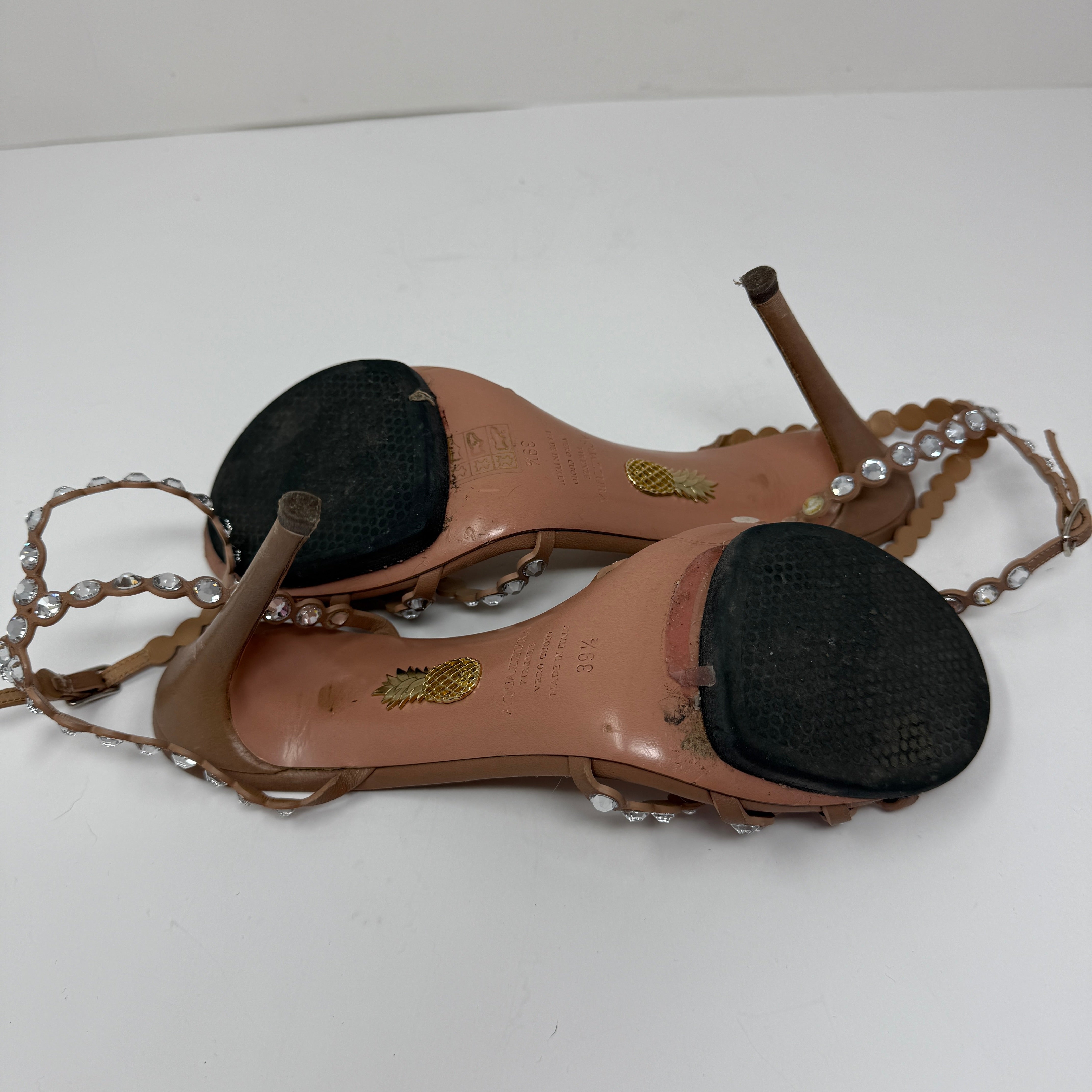 Aquazzura Tequila Crystal Jewel Rhinestone Embellished Leather Heels Sandals 9.5