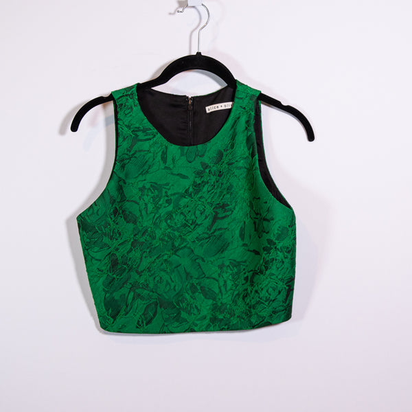 Alice + Olivia Emerald Green Floral Flower Print Pattern Jacquard Crop Top 4