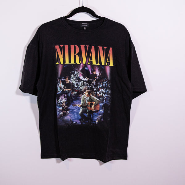 R13 Nirvana Convert Graphic Print Oversized Fit Short Sleeve Tee Shirt Black S
