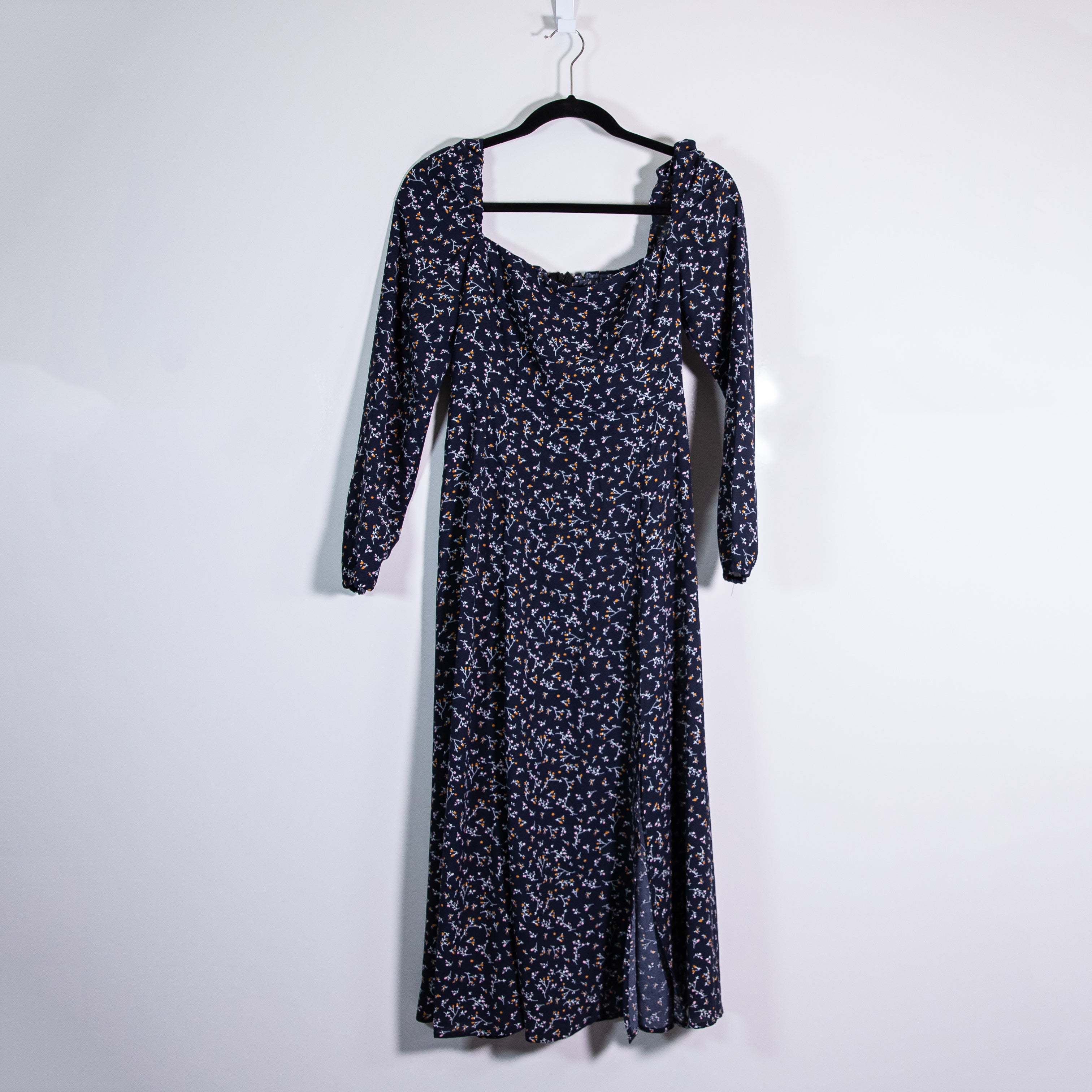 OPT Classic Smocked Square Neck Long Sleeve High Slit Midi Dress Multi Print 4