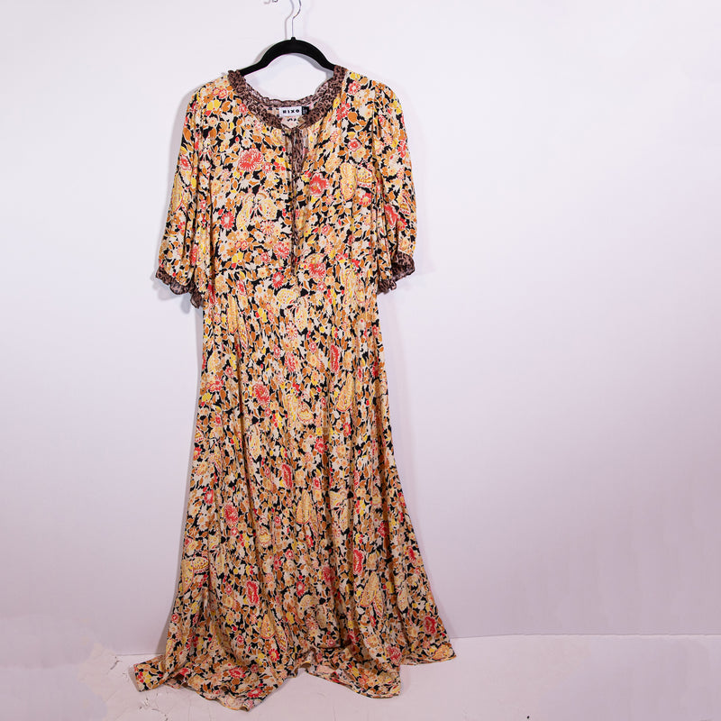 Rixo London Hanna Silk Chiffon Half Sleeve Orange Floral Flower Leopard Dress 6