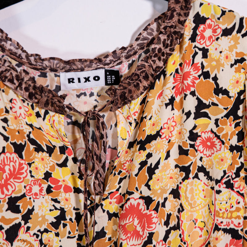 Rixo London Hanna Silk Chiffon Half Sleeve Orange Floral Flower Leopard Dress 6