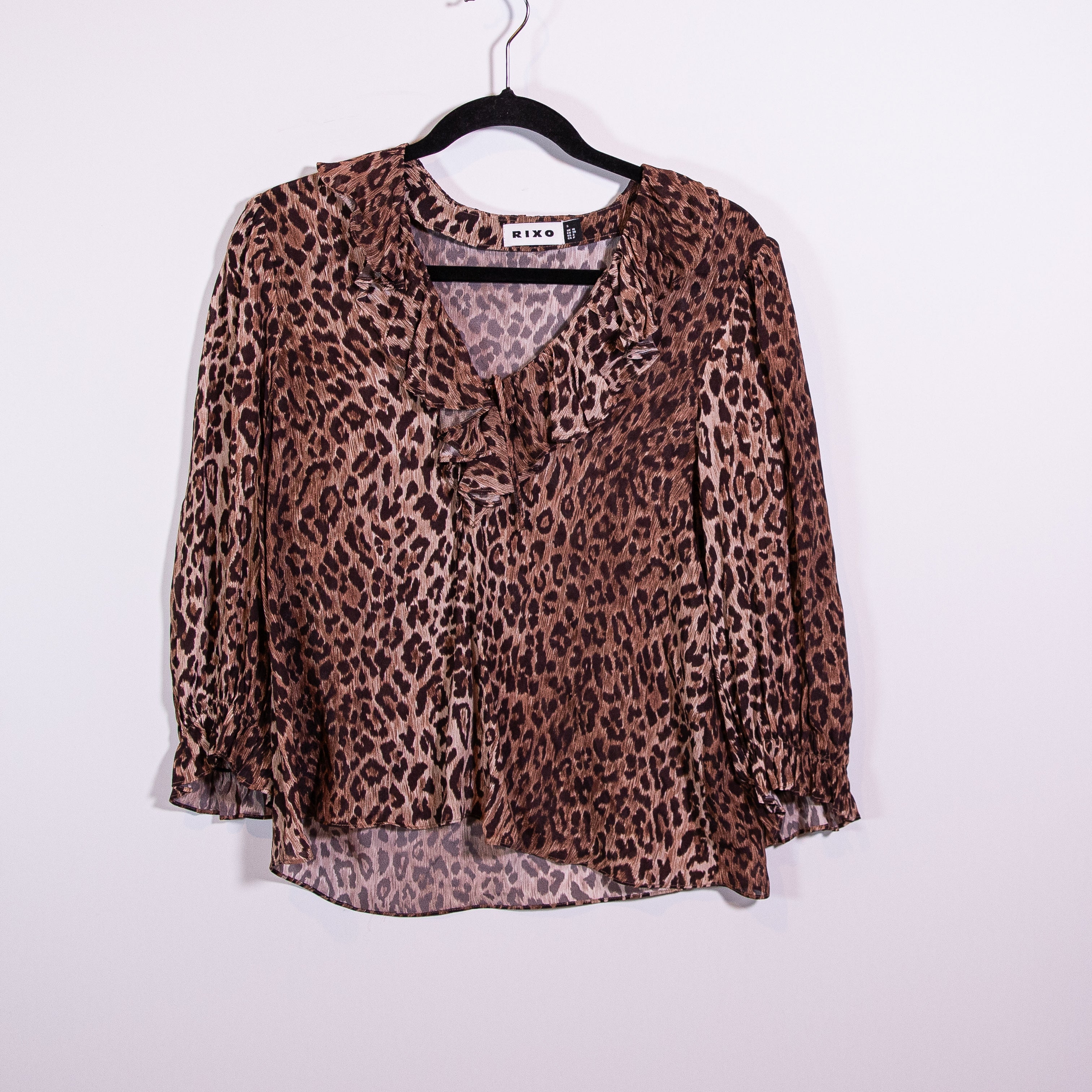 Rixo Aaliyah Ruffled Leopard Cheetah Animal Print Pattern Silk Chiffon Blouse S