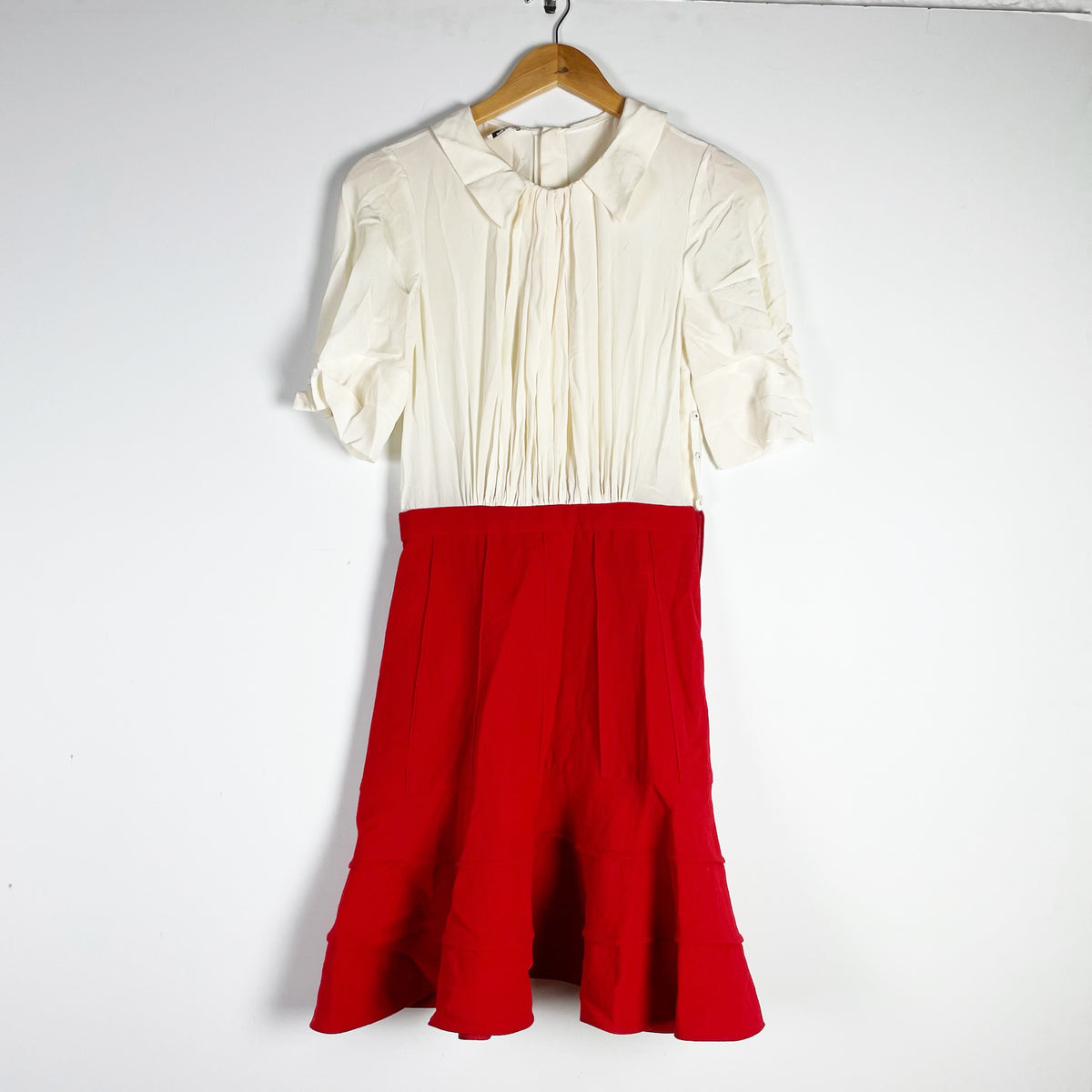 Miu Miu Made In Italy Silk Chiffon Wool Crepe Red White Collared Mini Dress 38