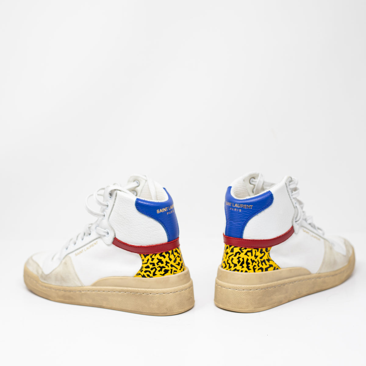 Saint Laurent Paris Mid Top Suede Leather Canvas Multi Printed Sneaker Shoes