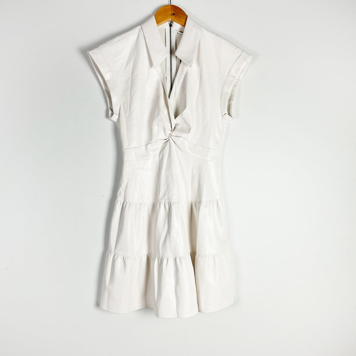 NEW Alice And Olivia Mila Faux Vegan Leather Twist Tiered Mini Dress Off White 0