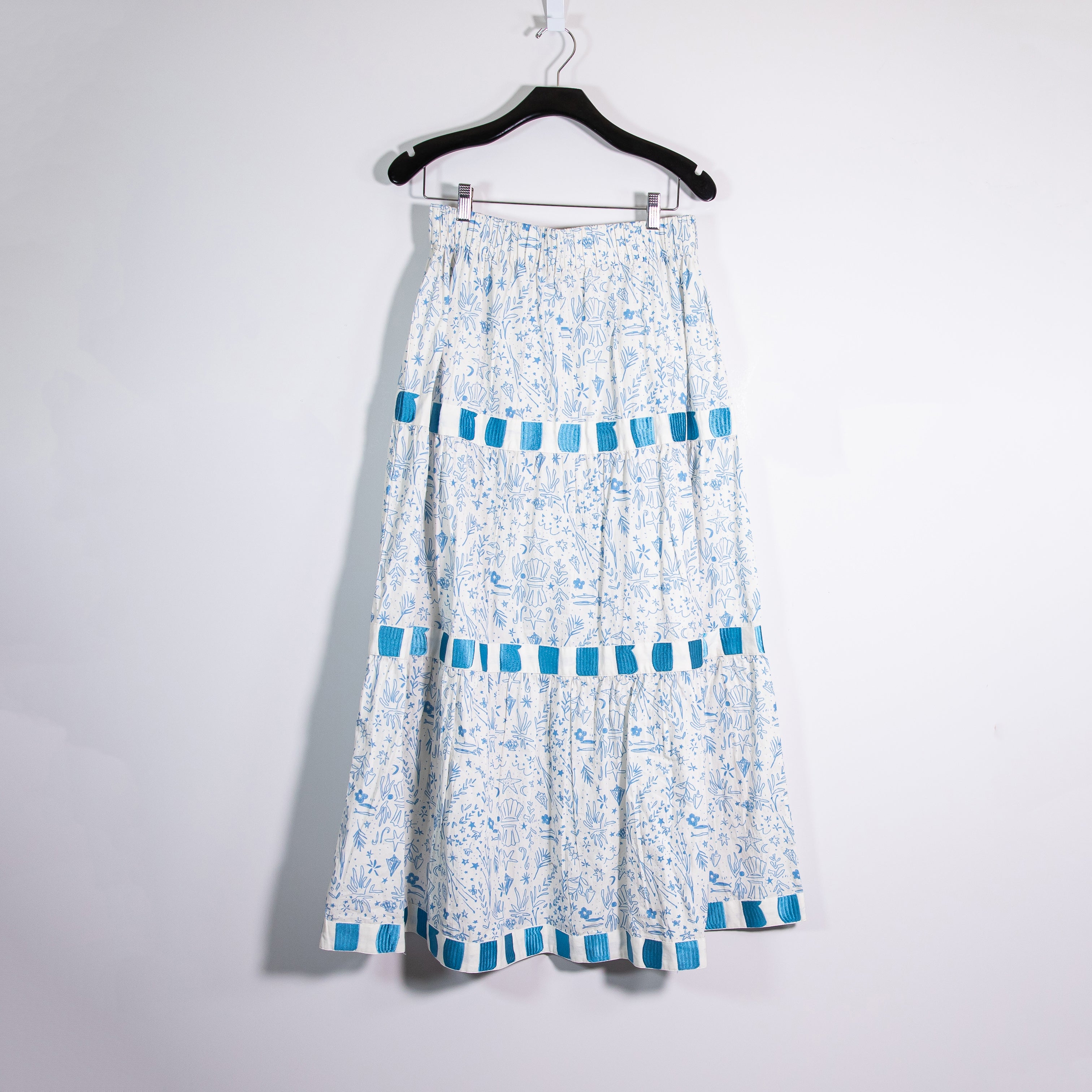 Beau & Ro The Abby Cotton Poplin Tiered Layered Maxi Skirt Blue Stars And Shells