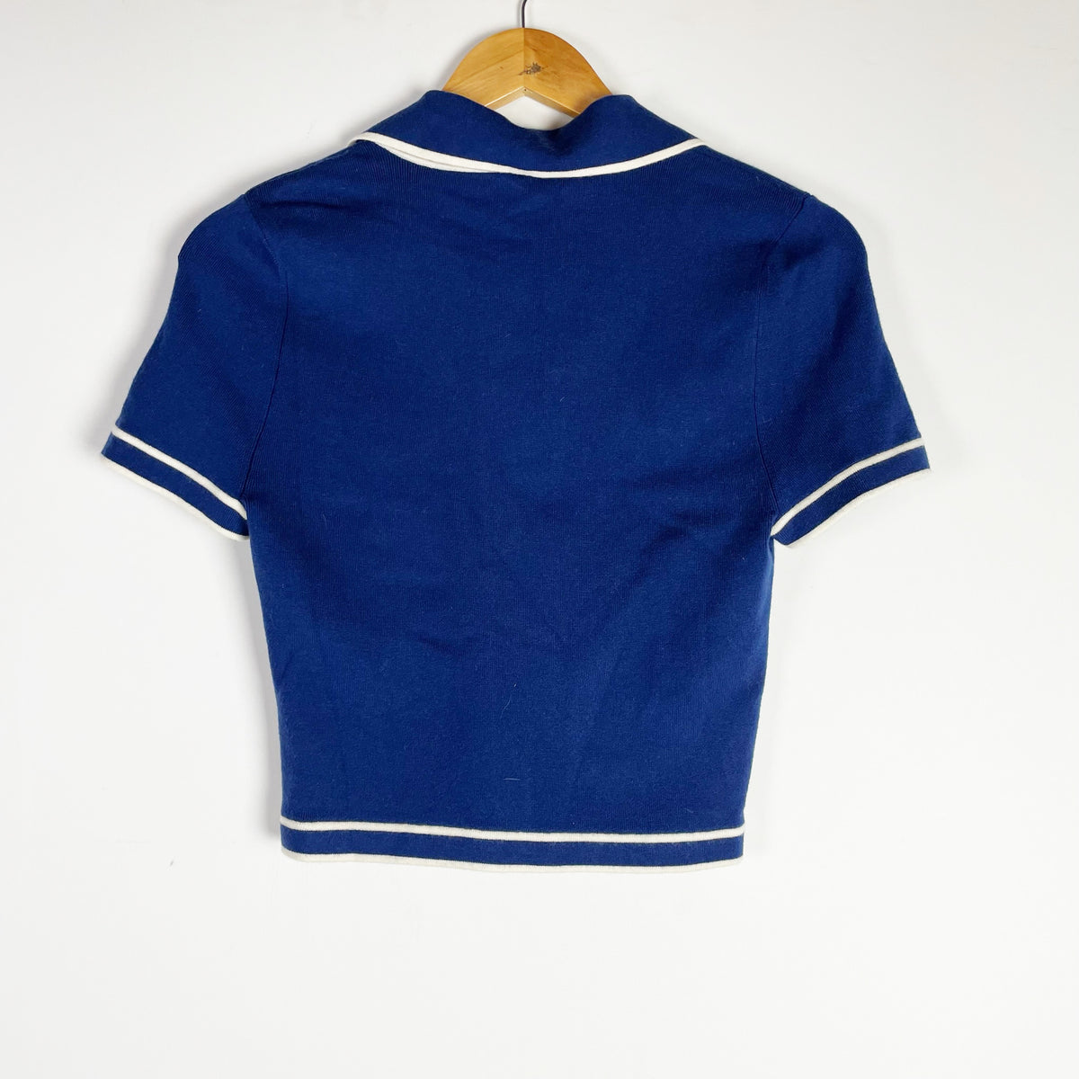Alice And Olivia Marlena Wool Blend Knit Stretch Pearl Button Polo Sweater Blue