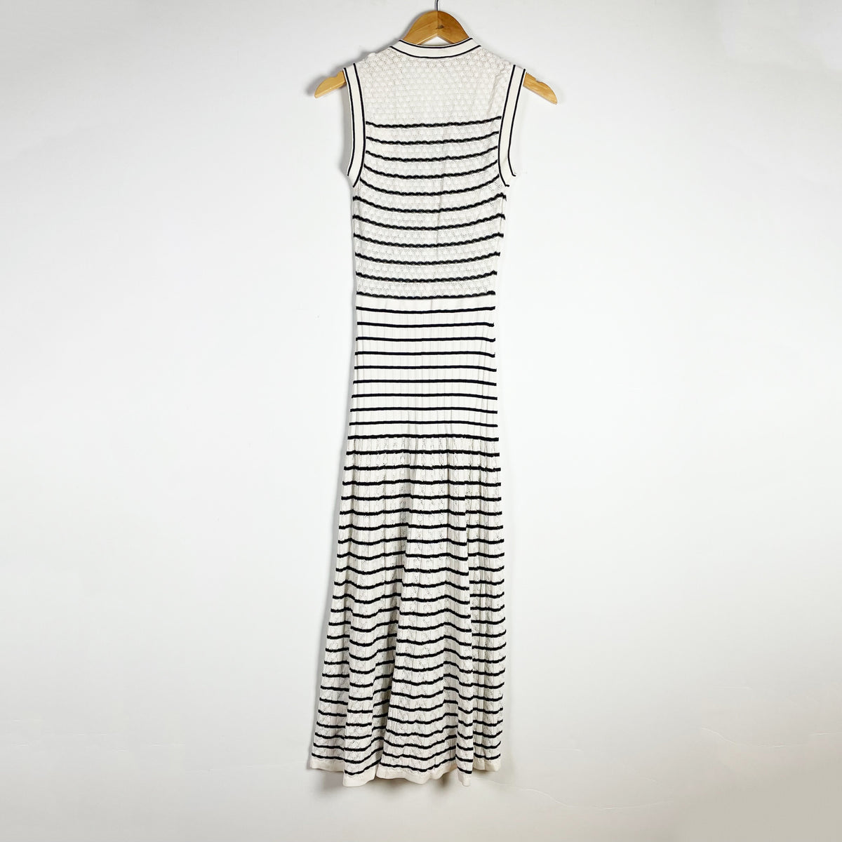 NEW Sandro Molina Crochet Knit Button Front Blanc Noir Striped Midi Dress Small
