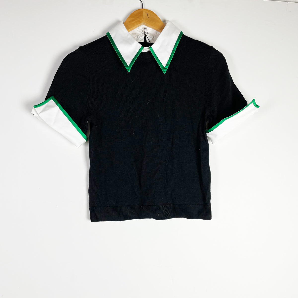 NEW Alice And Olivia Aster Wool Stretch Blend Collared Polo Sweater Black Combo