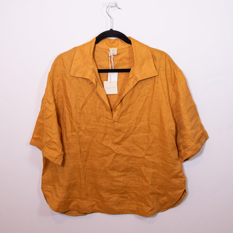 NEW Magaschoni Linen Lightweight V Neck Collared Short Sleeve Blouse Golden M