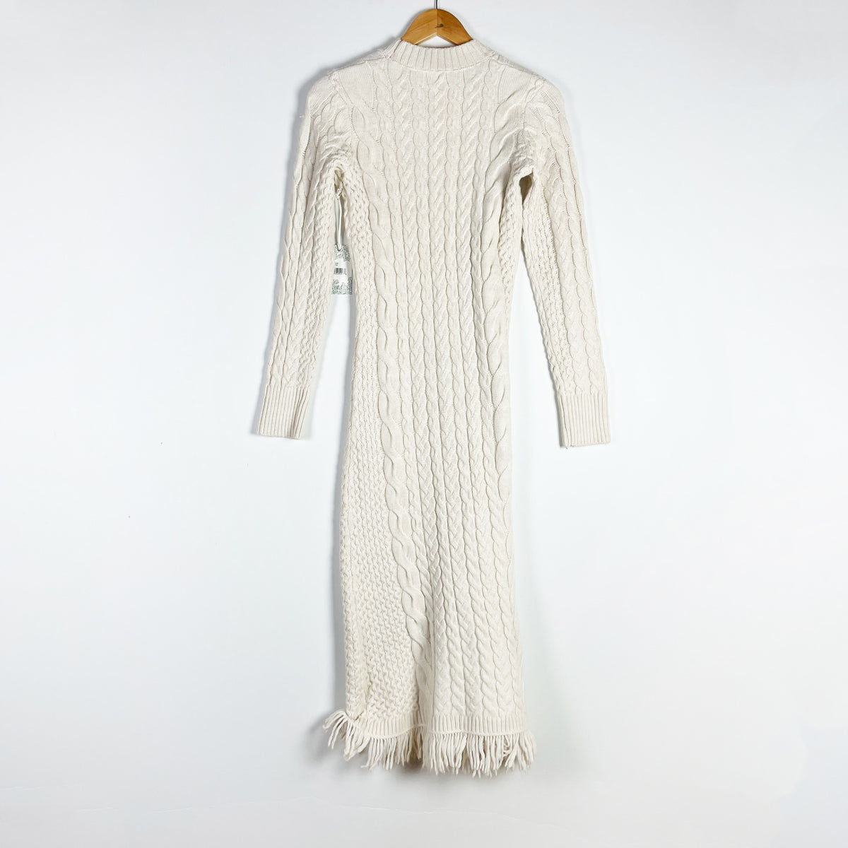 NEW Hyacinth House Freya Fringe Cable Knit Sweater Midi Dress Cream XS