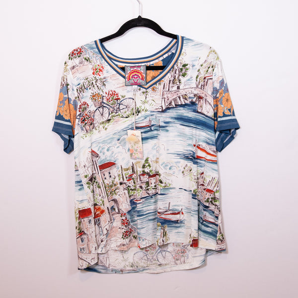 NEW Johnny Was The Janie Favorite Short Sleeve Printed V‑Neck Swing Tee Shirt L