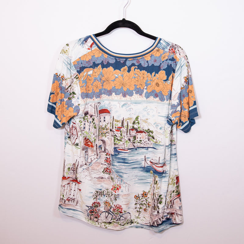 NEW Johnny Was The Janie Favorite Short Sleeve Printed V‑Neck Swing Tee Shirt L