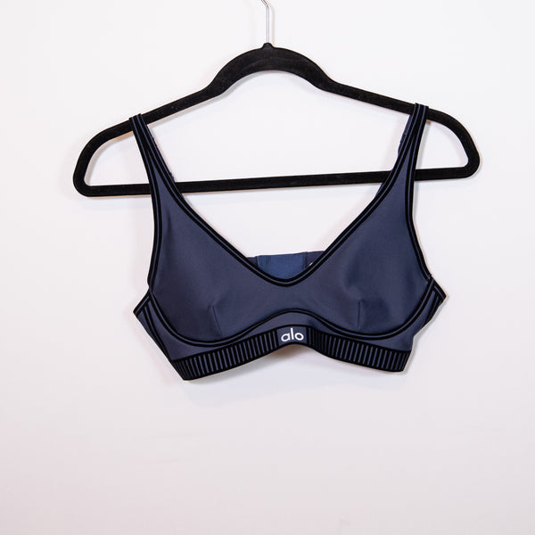 Alo Yoga Women's Airlift Line Up Velvet Velour Trim Athletic Sports Bra Navy S