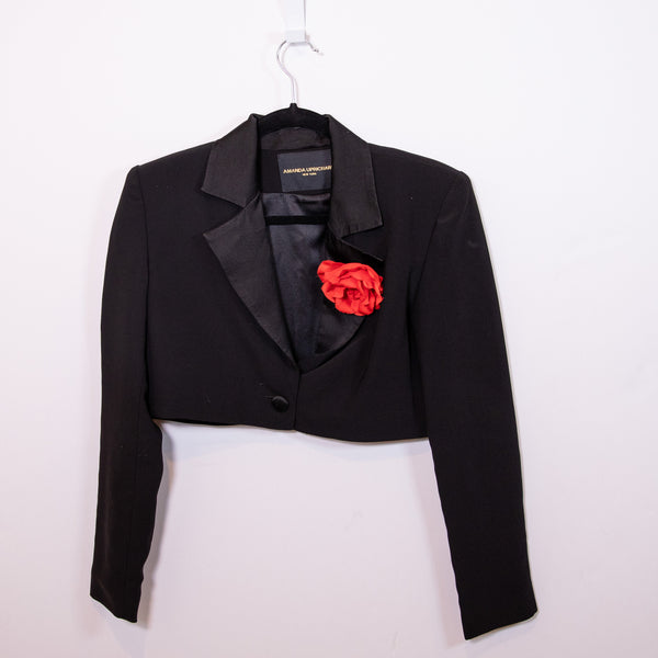 Amanda Uprichard x Revolve Romeo Red Rosette Pin Cropped Blazer Jacket Black S